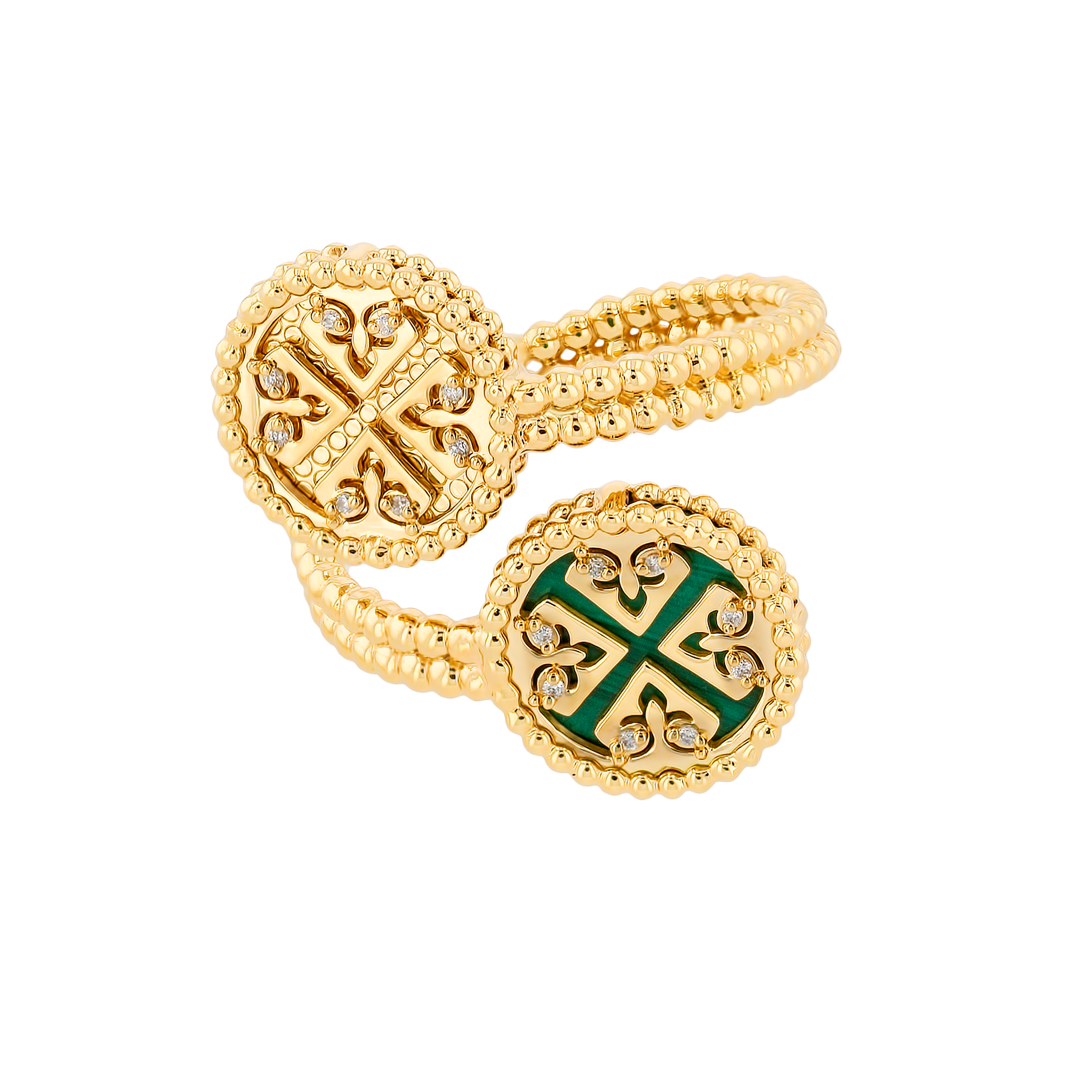 Lace Malachite Stone Diamond Two Motifs Twisted Spiral Open Ring 