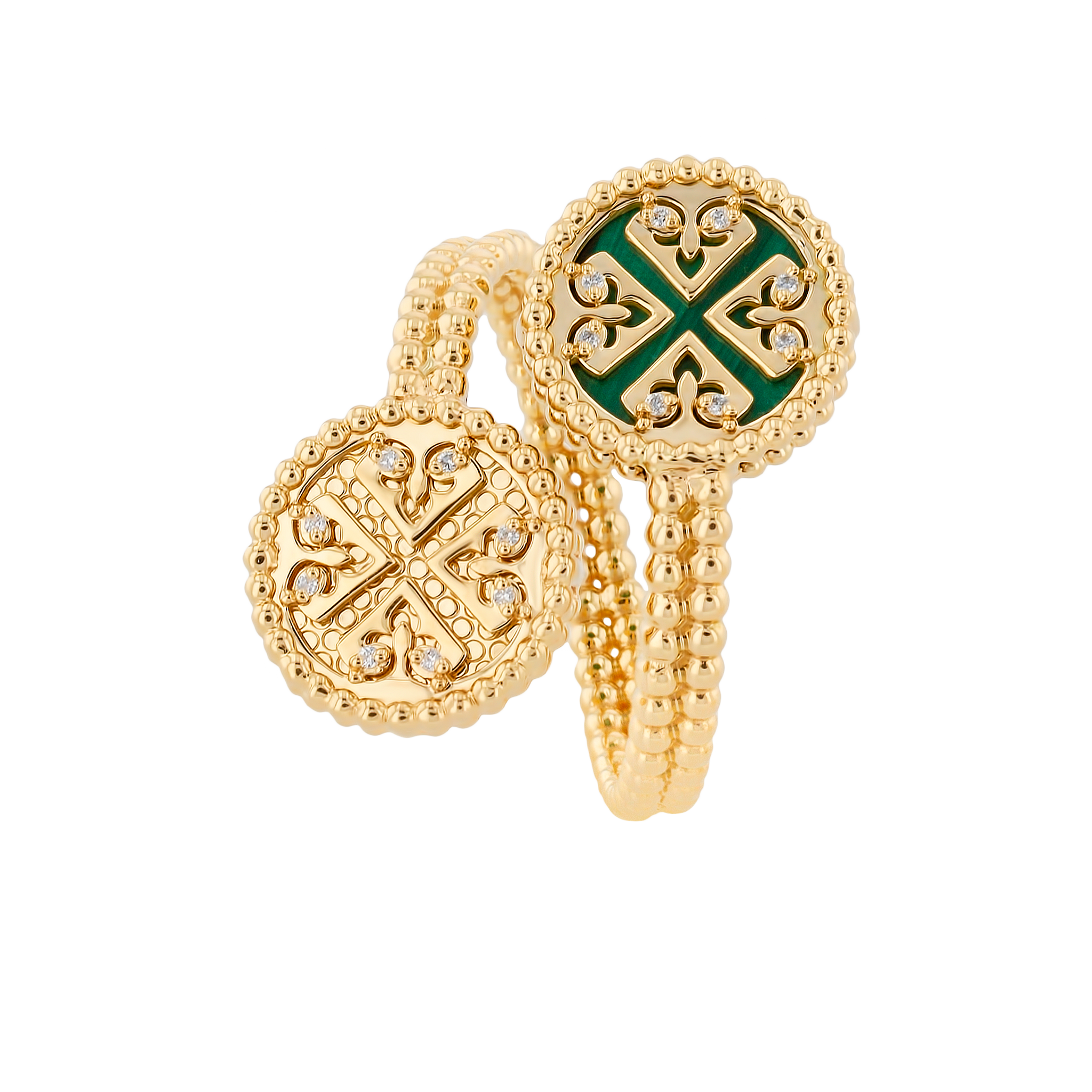 Lace Malachite Stone Diamond Two Motifs Twisted Spiral Open Ring 