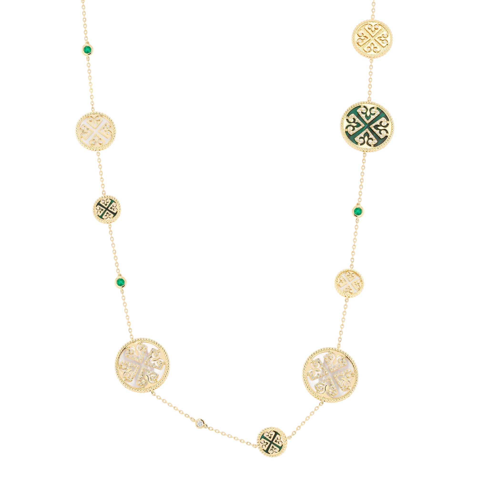 Lace Mixed Motif Malachite, White Mother of Pearl and Diamond Tin Cup Necklace