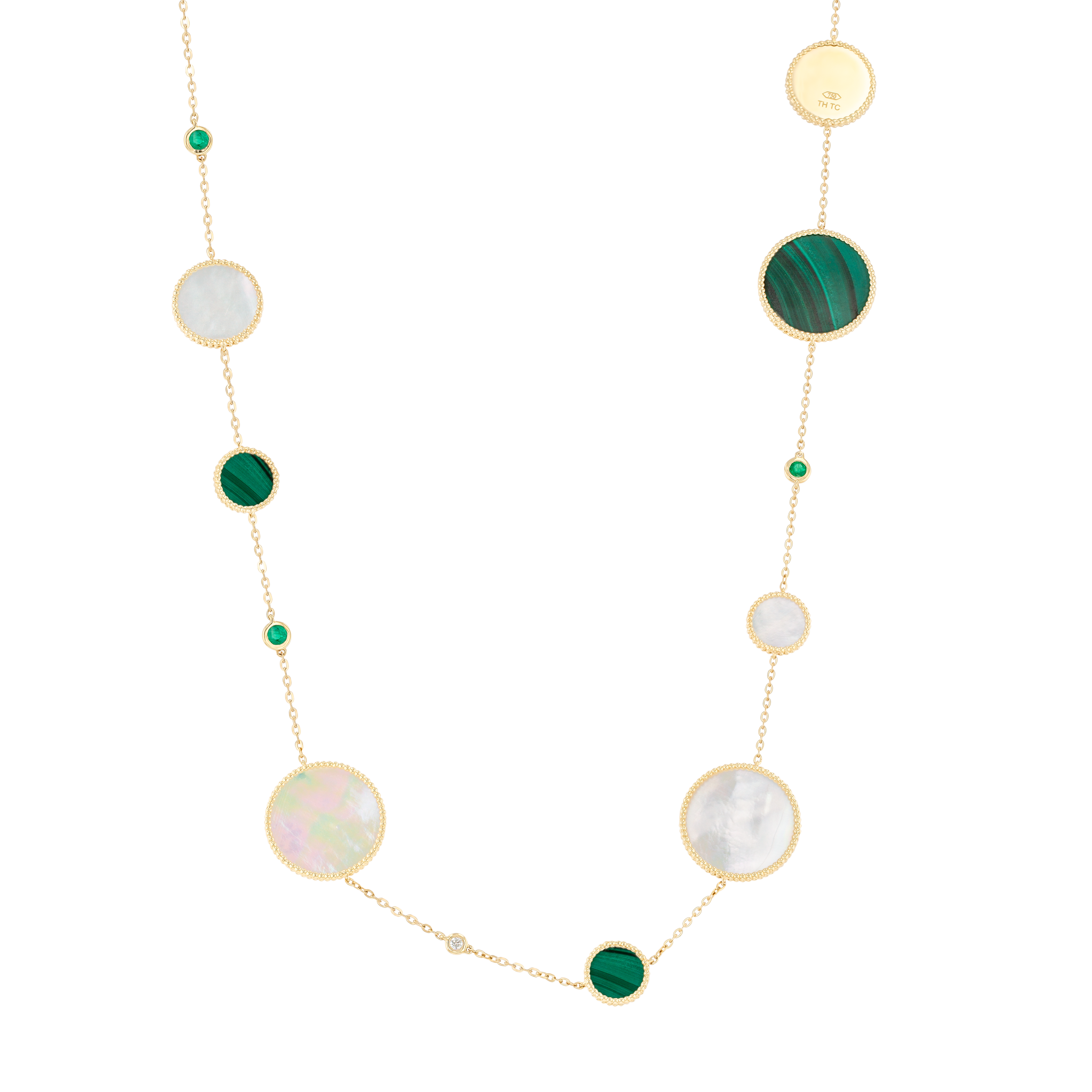 Lace Mixed Motif Malachite, White Mother of Pearl and Diamond Tin Cup Necklace