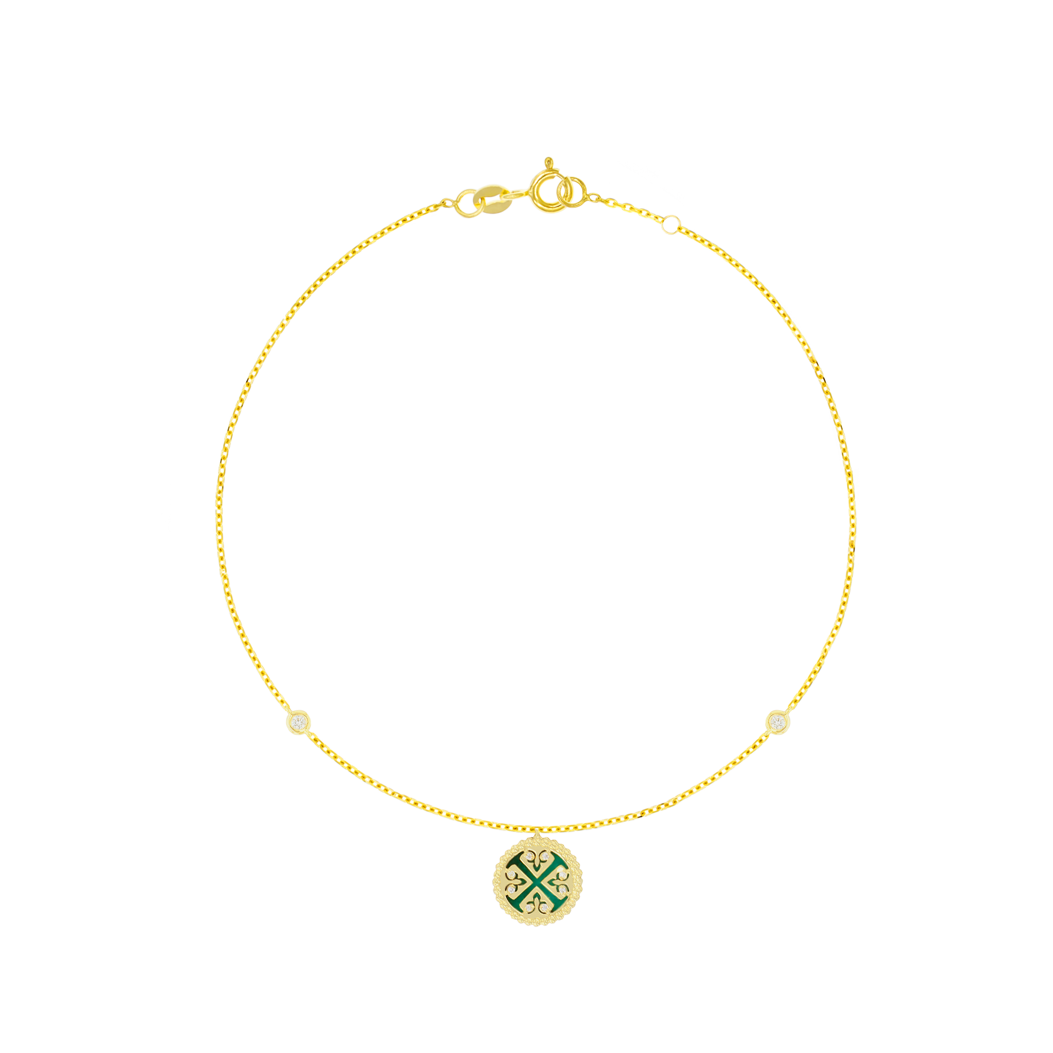Lace Malachite with Emerald Stone Diamond Anklet in 18K Yellow Gold