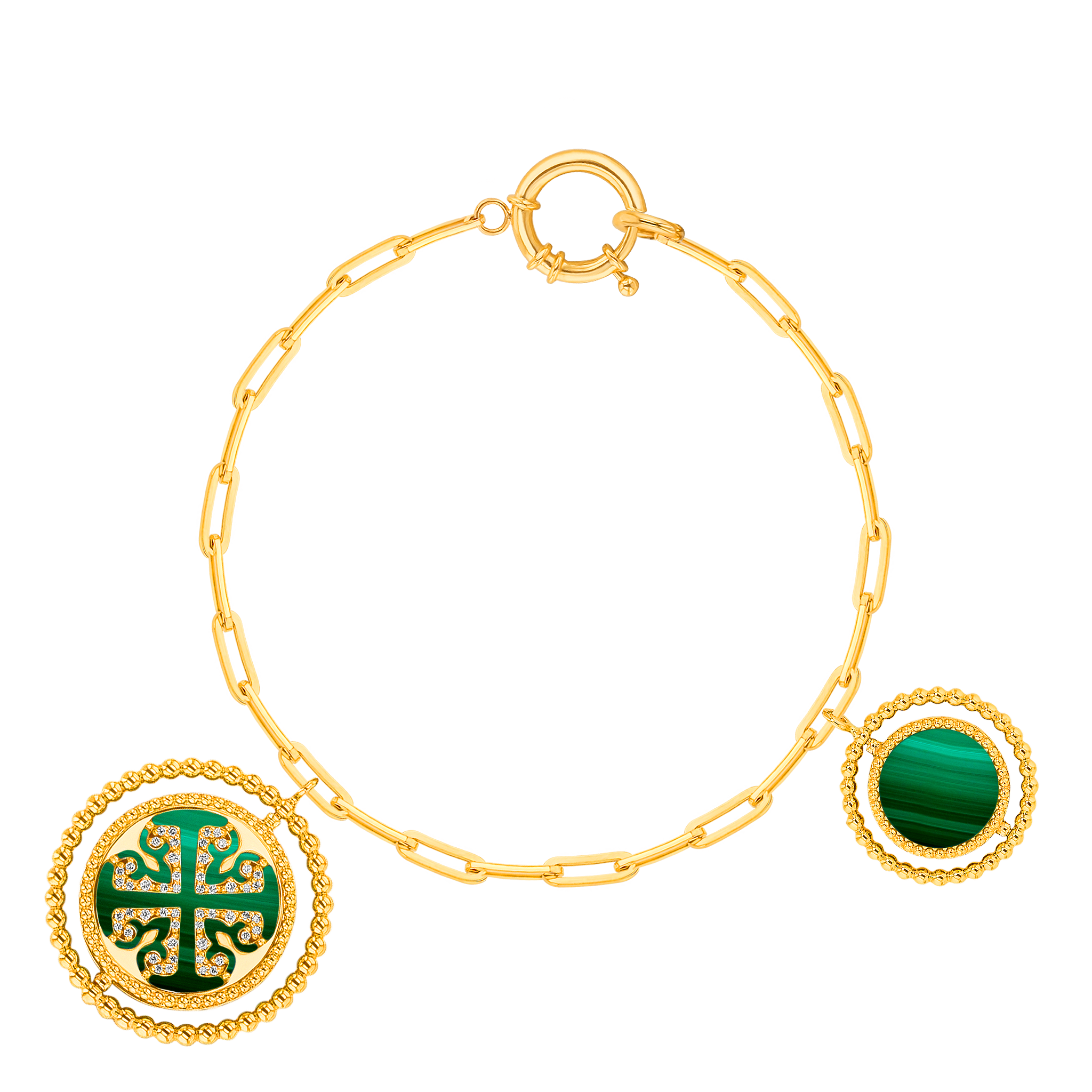 Lace Link Chain Two Malachite Charm and Round Clasp Closure 