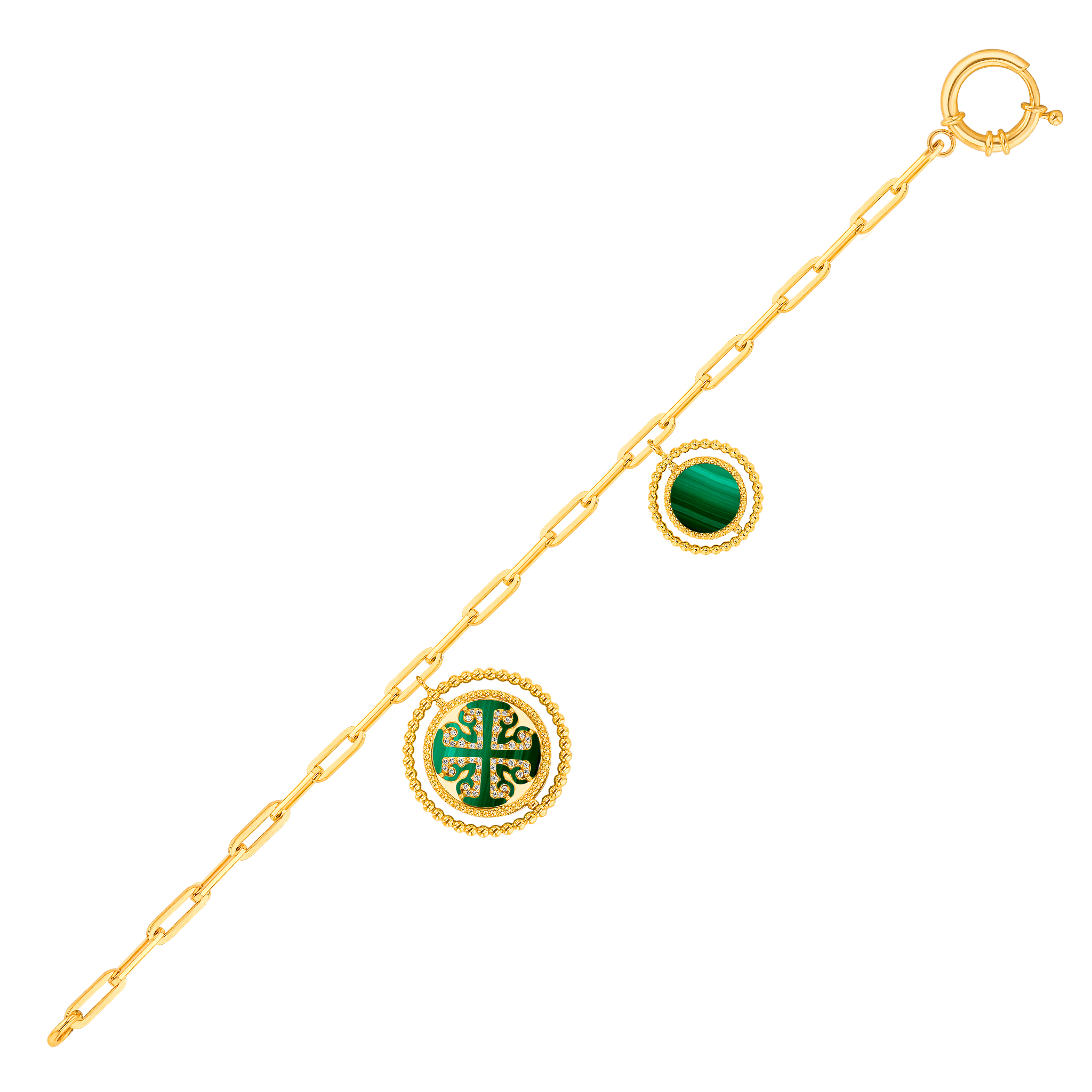 Lace Link Chain Two Malachite Charm and Round Clasp Closure 