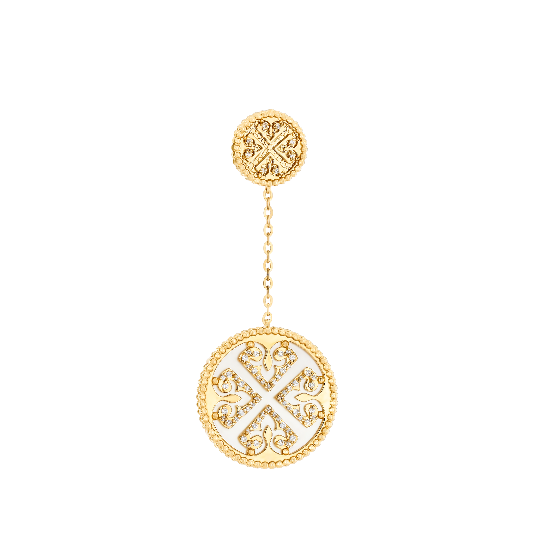 Lace White Mother of Pearl Diamond Drop Earrings in 18K Yellow Gold
