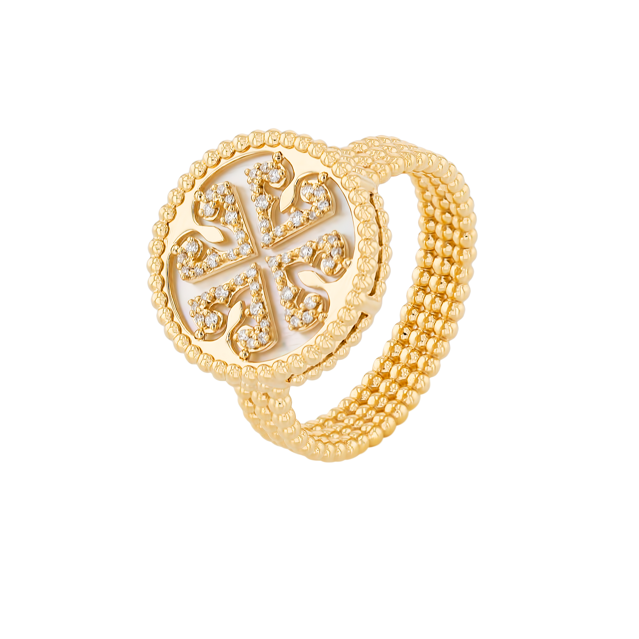 Lace White Mother of Pearl Diamond Ring in 18K Yellow Gold