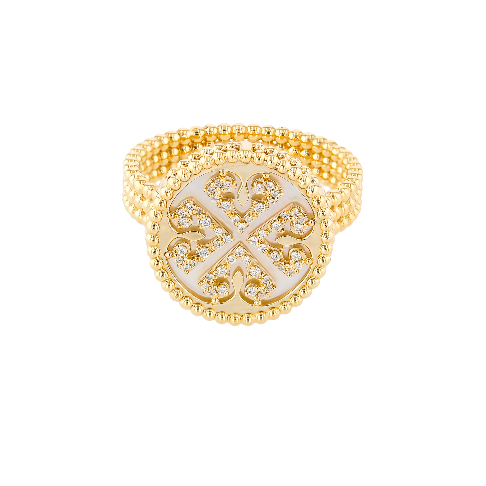 Lace White Mother of Pearl Diamond Ring in 18K Yellow Gold