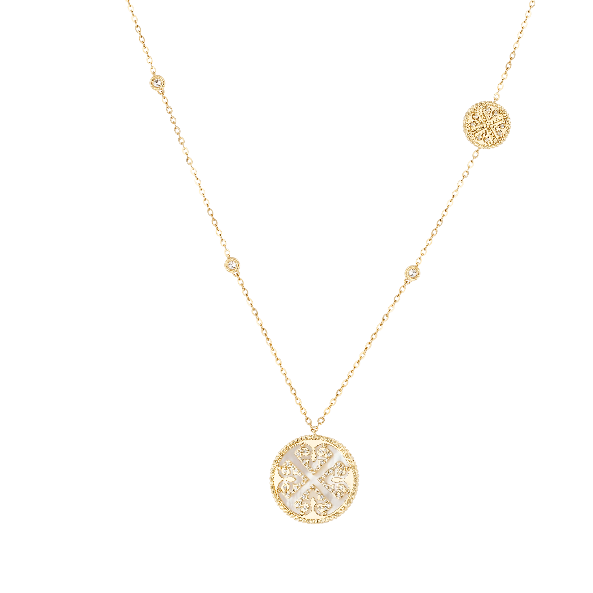 Lace White Mother of Pearl Diamond Necklace in 18K Yellow Gold