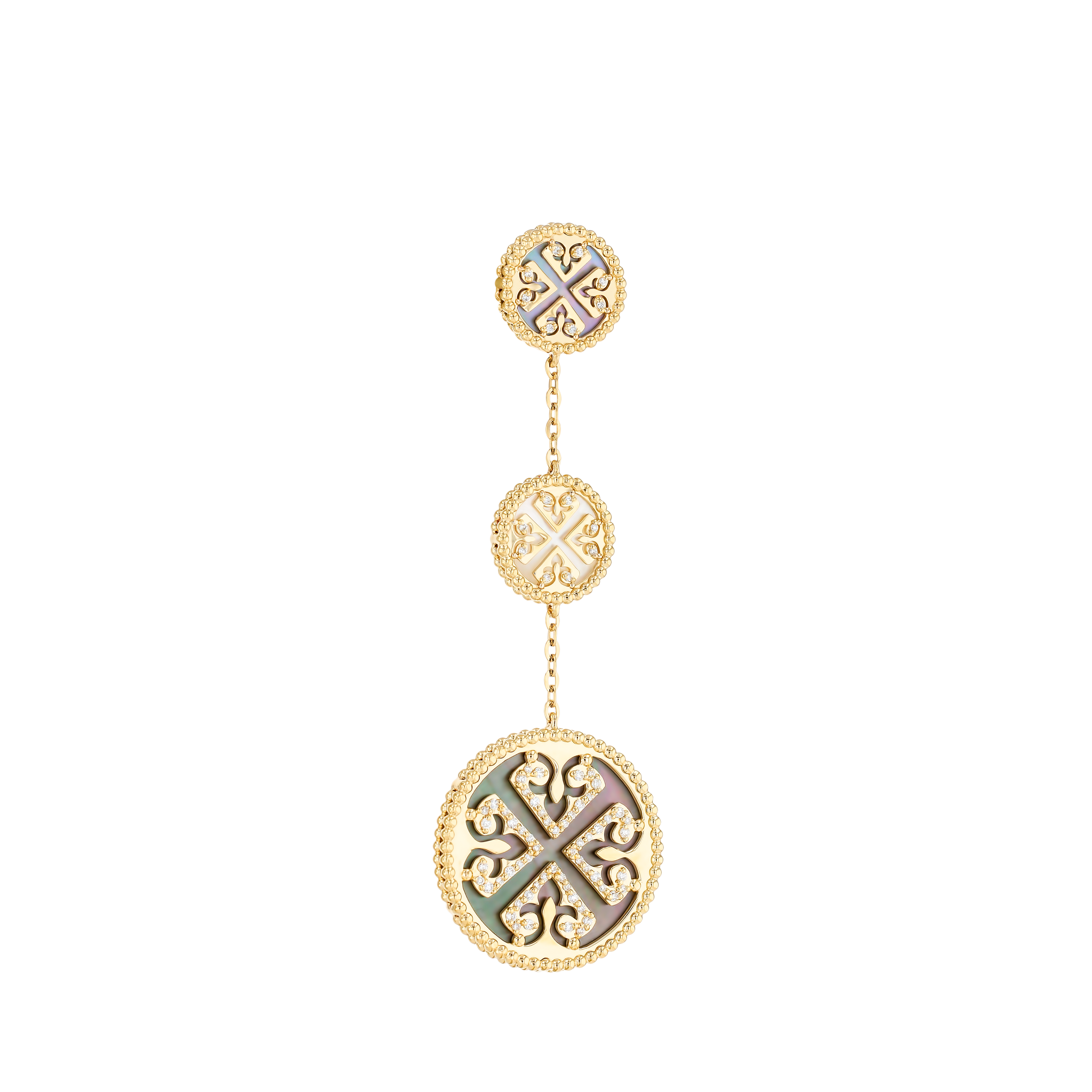 Lace White and Black Mother of Pearl Diamond Three Motifs Drop Earrings in 18K Yellow Gold