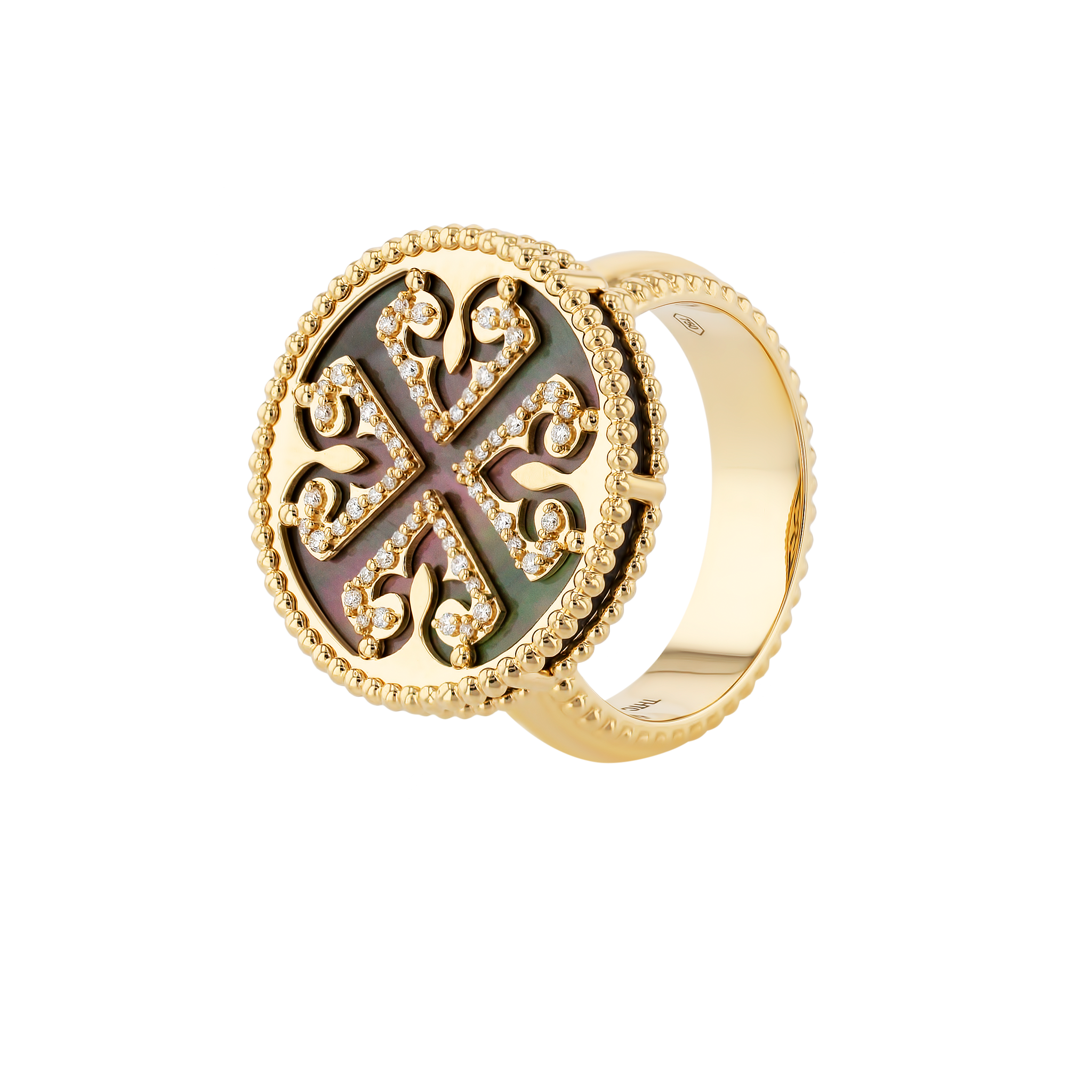 Lace Black Mother of Pearl Diamond Ring in 18K Yellow Gold