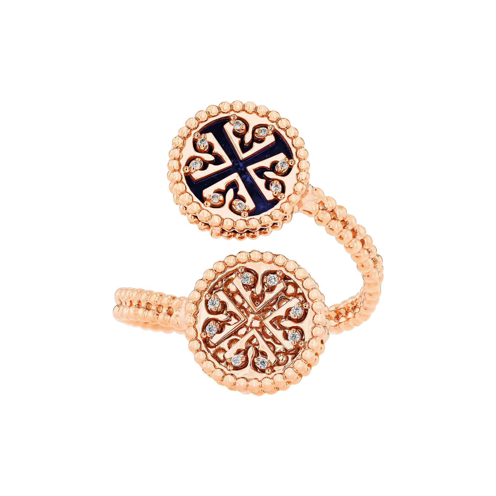 Lace Double Medallion Open Ring in 18K Rose Gold With Lapiz Lazuli And Diamonds