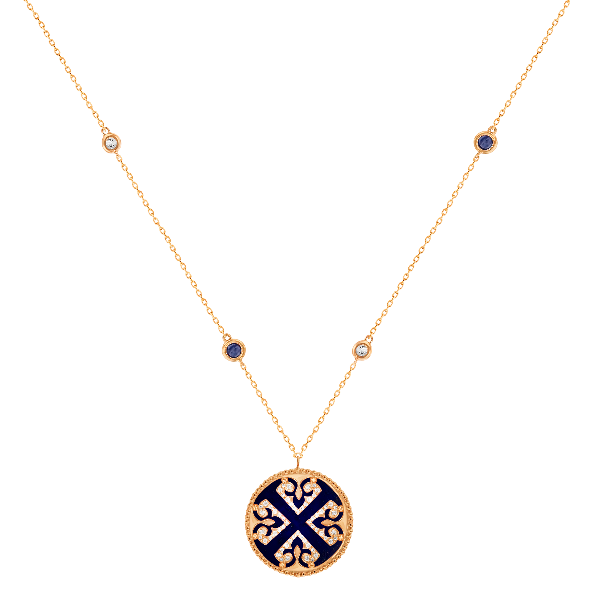 Lace Single Medallion Necklace in 18K Rose Gold With Lapiz Lazuli, Blue Sapphire And Diamonds