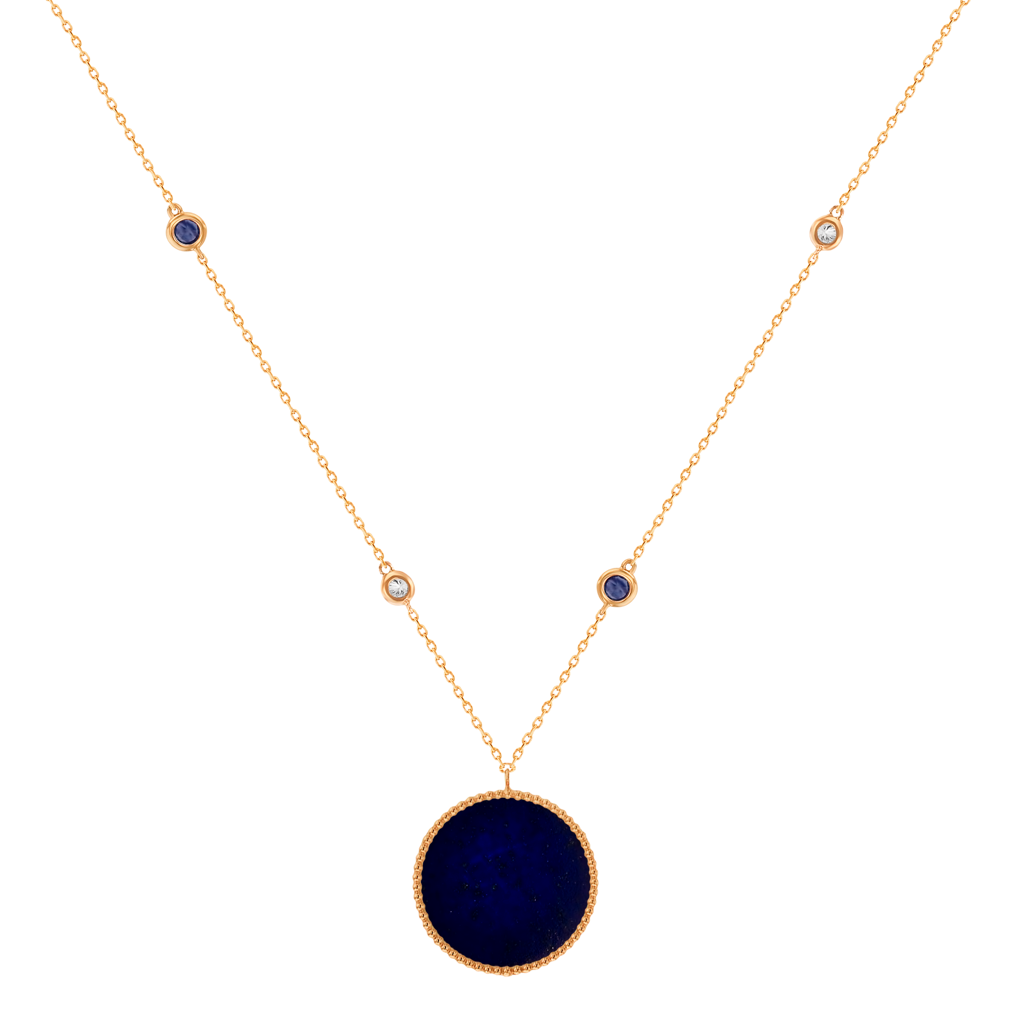 Lace Single Medallion Necklace in 18K Rose Gold With Lapiz Lazuli, Blue Sapphire And Diamonds