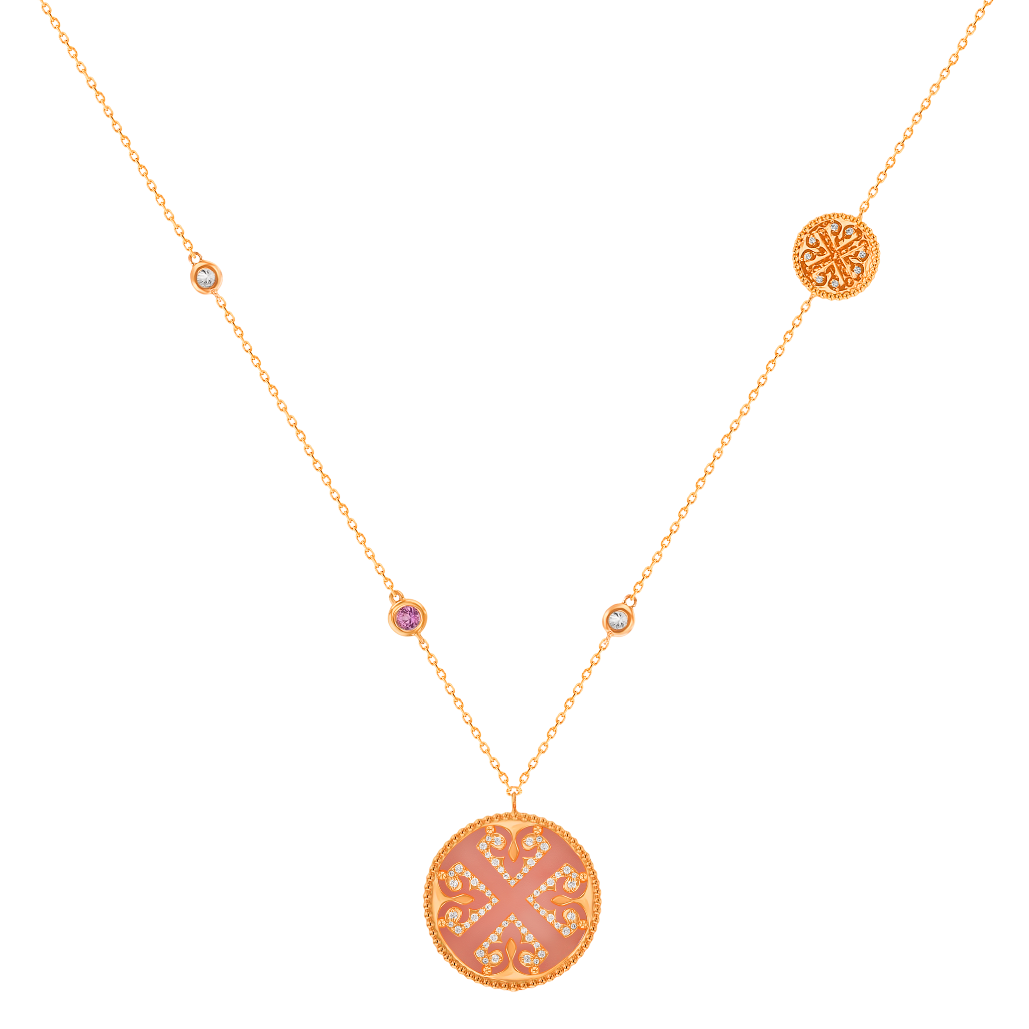 Lace Double Medallion Necklace in 18K Rose Gold With Pink Opal, Pink Sapphire And Diamonds