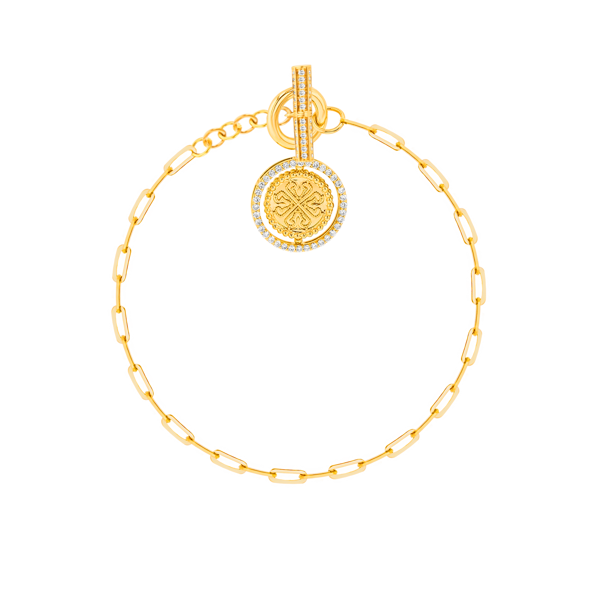 Lace Golden Charm Bracelet in 18K Yellow Gold With a Spinning Medallion charm and diamonds.