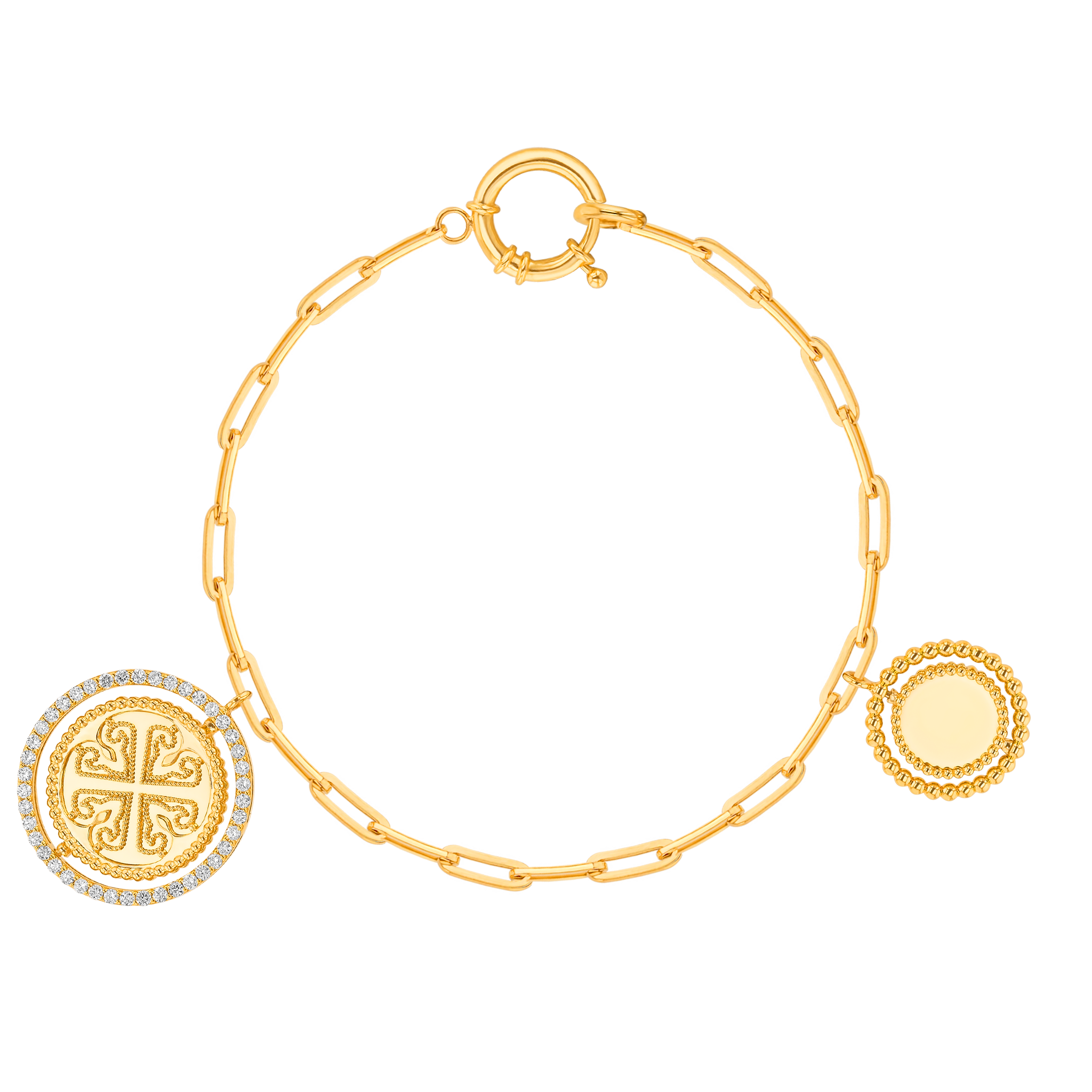 Lace Golden Charm Bracelet in 18K Yellow Gold With Two Spinning Medallion charms and diamonds.