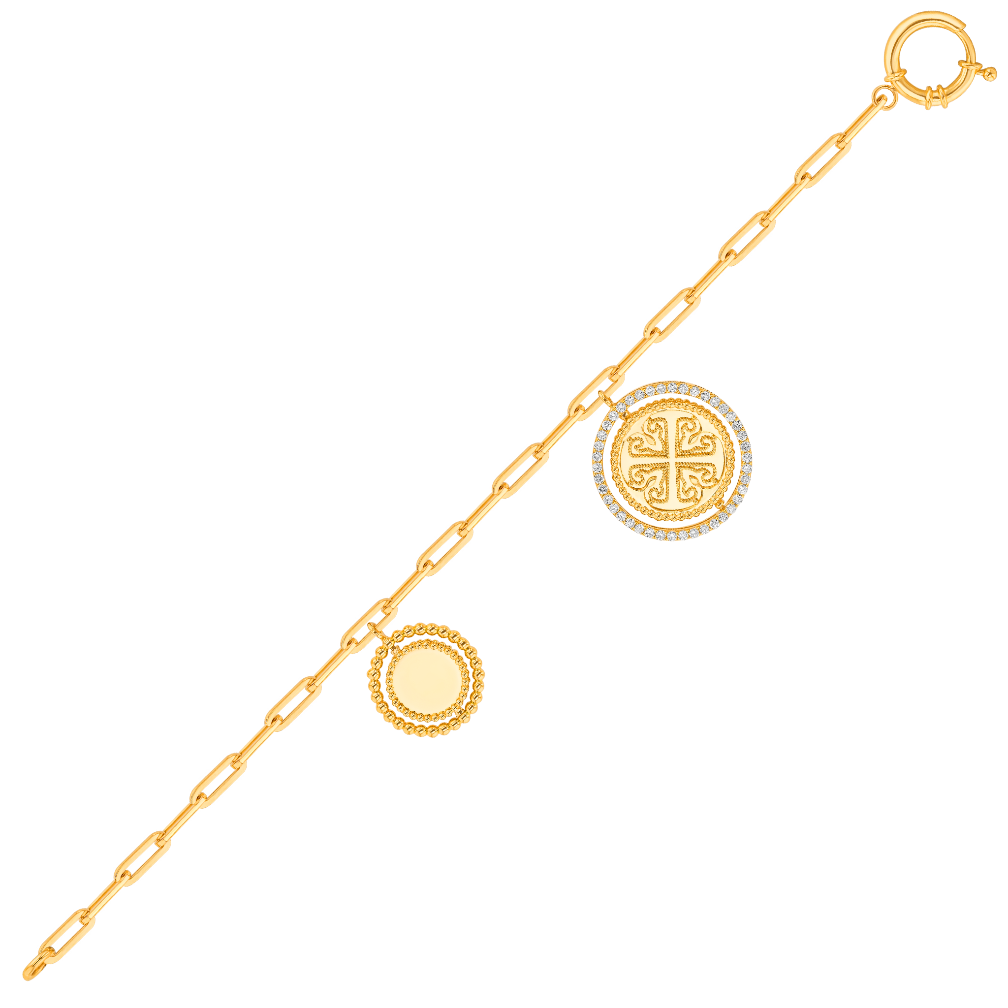 Lace Golden Charm Bracelet in 18K Yellow Gold With Two Spinning Medallion charms and diamonds.