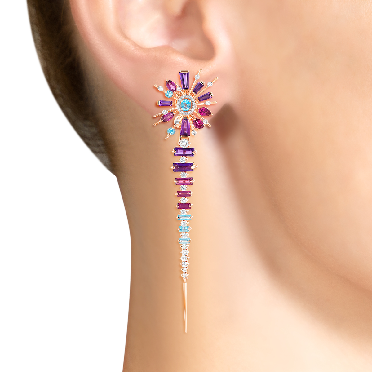 Fireworks Firefly Semi Precious Dangling Earrings in 18K Rose Gold