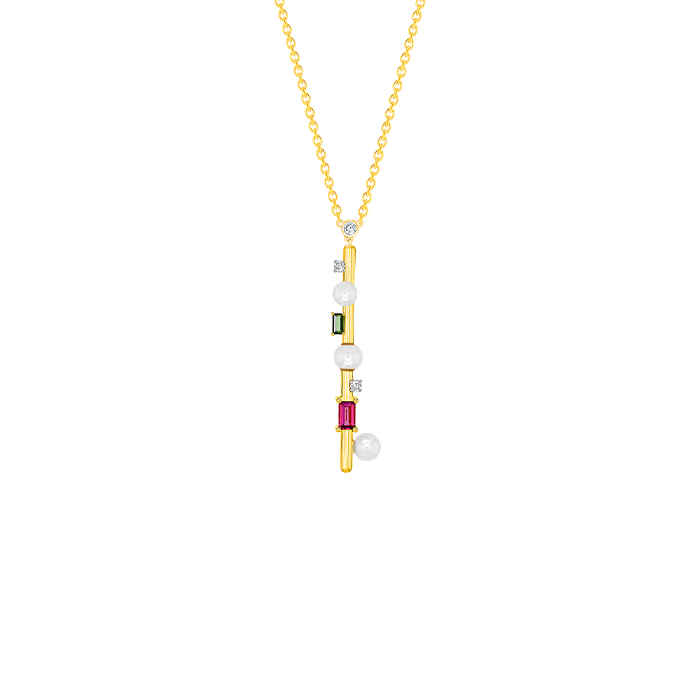 Harmony by Symphony Necklace in 18K Yellow Gold with Akoya Pearls, Diamond, Pink and Green Tourmaline