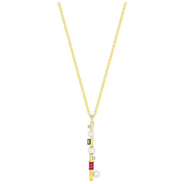 Harmony by Symphony Necklace in 18K Yellow Gold with Akoya Pearls, Diamond, Pink and Green Tourmaline