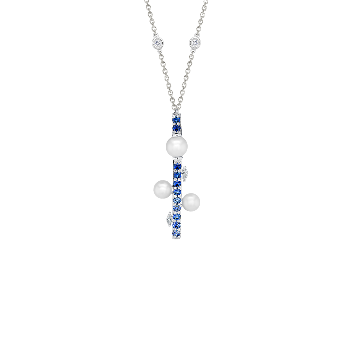 Harmony by Symphony Necklace 18K White Gold  with Akoya Pearls, Diamonds and Blue Sapphires