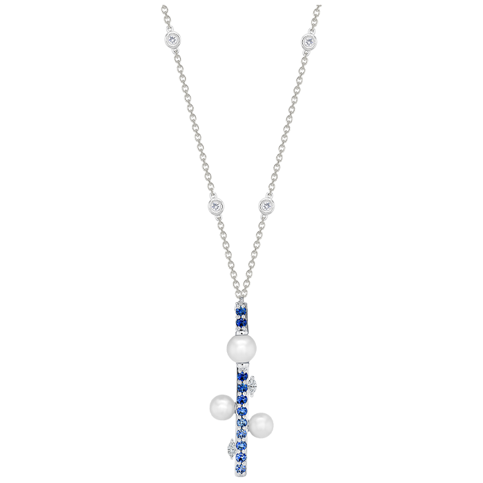Harmony by Symphony Necklace 18K White Gold  with Akoya Pearls, Diamonds and Blue Sapphires