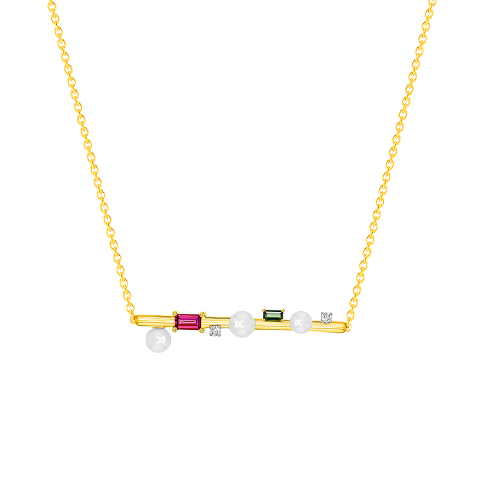 Harmony by Symphony Necklace in 18K Yellow Gold with Akoya Pearls, Diamond, Pink and Green Tourmaline 