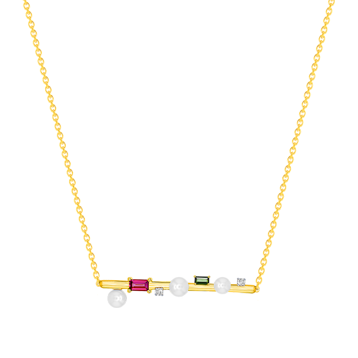 Harmony by Symphony Necklace in 18K Yellow Gold with Akoya Pearls, Diamond, Pink and Green Tourmaline 